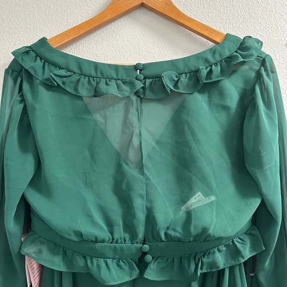 NWT LOVELY BISHOP SLEEVE RUFFLED CHIFFON CUTOUT MINI DRESS - HUNTER GREEN - Picture 6 of 12